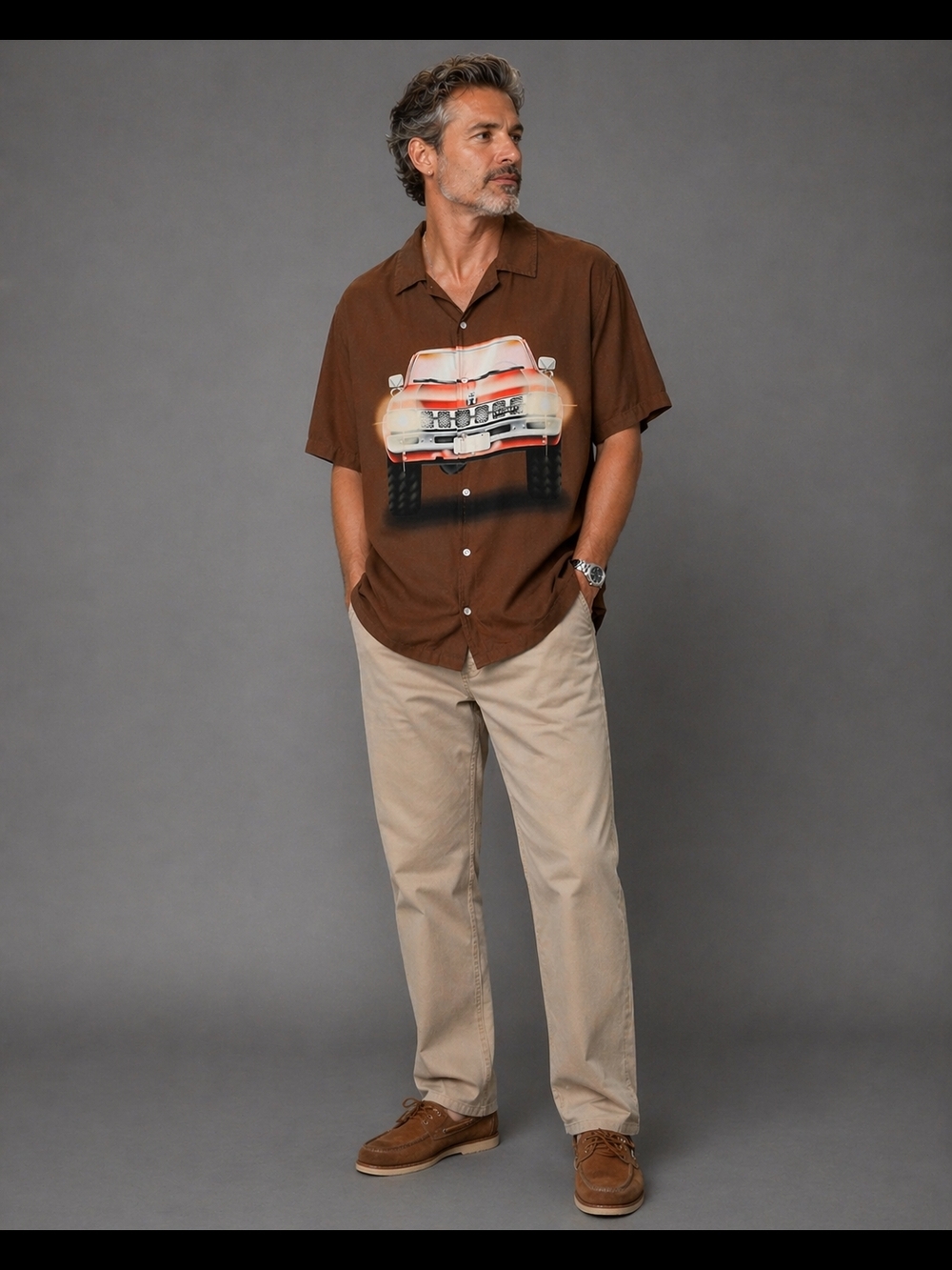 Market Keep Honking Button Up Brown Vintage Truck Graphic Short Sleeve Shirt